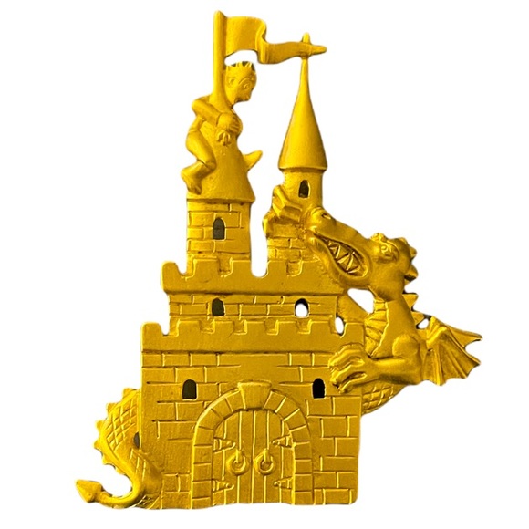 JJ Jonette Jewelry - Vintage Signed JJ Jonette Dragon Castle Gold-Tone Brooch Pin Rare Fantasy